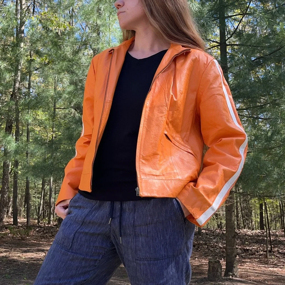 Y2K Metro Style Neon Orange Racing 100% Genuine Leather Jacket Women’s Size L - Picture 8 of 16